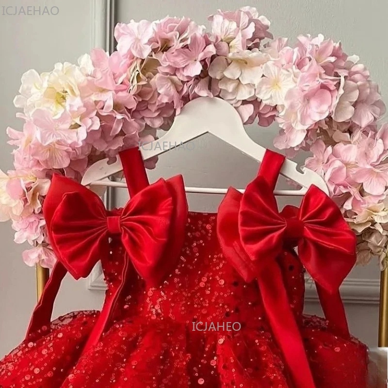 2026 New Red Girls Sequin Puffy Tulle Kids Princess Dress Children Formal Party Celebration Evening Gown Birthday Gown Dresses