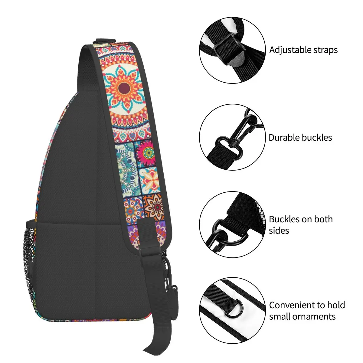 Boho Mandala Art Small Sling Bag Peito Crossbody Ombro Mochila Viagem Caminhadas Mochilas Boêmio Mexicano Casual Bag