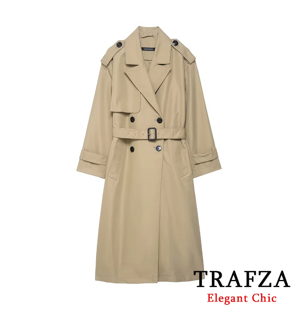 

TRAFZA Women's Vintage Commute Windbreaker Lapel Belted Windbreaker Coat 2025 Spring Fall Fashion High Street Elegant Lady Coat