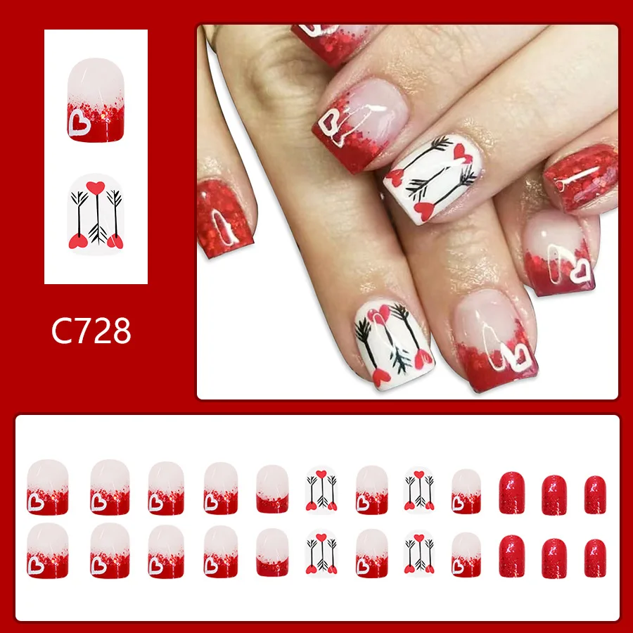 24 Pcs Short Square Press on Nails Acrylic 2025 New Valentine's Day Nail Tip for Girls Cheap Red Glitter Pink Heart Fake Nails