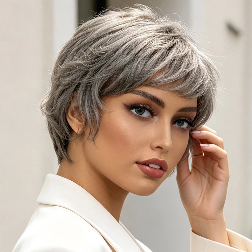 Women Short Hair Short Gray Wigs Women Gray Pixie Cut Wigs Daily Wear Hair Coversinverted Craft Wigs Synthetic Short ﻿