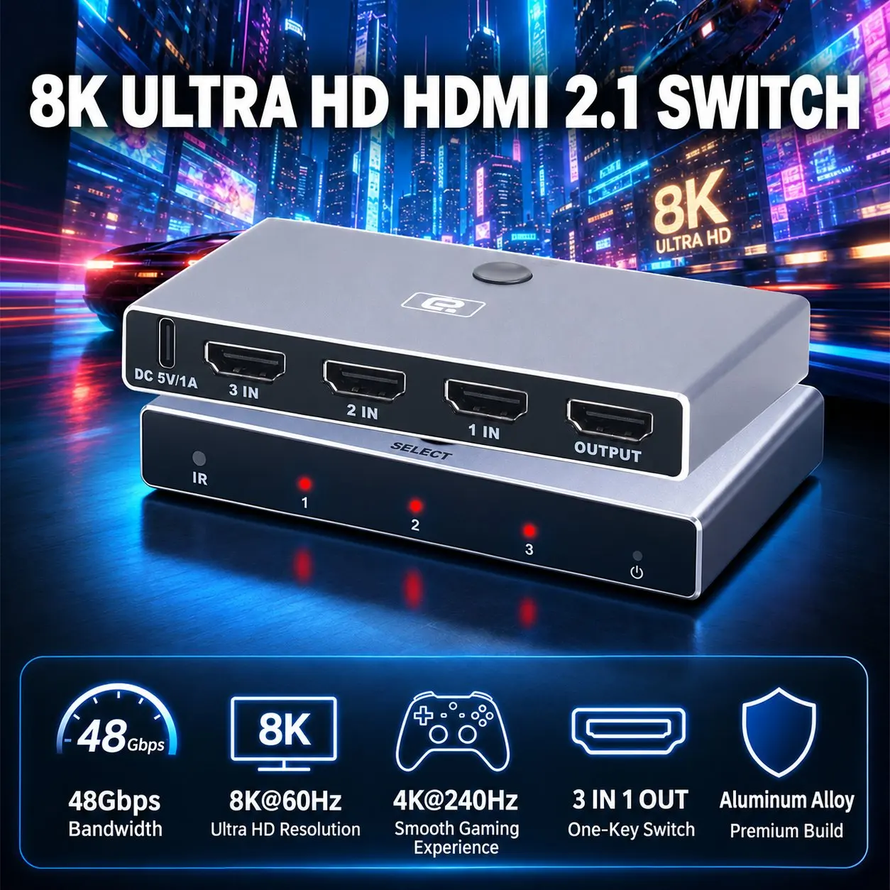 HD.MI Switch 3 in 1 Out 8K@60Hz,4K@240Hz HDR10, 48Gbps Bandwidth HDCP 2.3 Compatible, Low Latency Gaming Switcher for TV Display