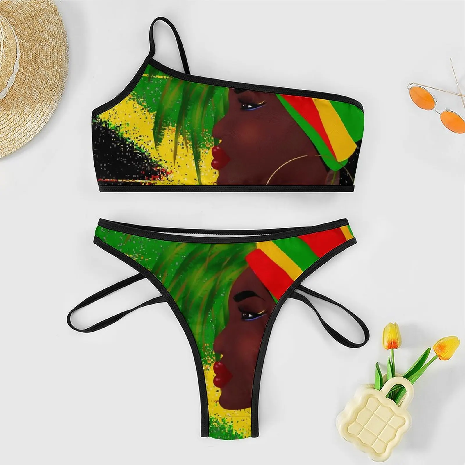 Sexy Ladies Print Micro Bikinis Set Jamaican Woman Art Thong Bikini Swimsuit With Ties Y2K Push Up Swimwear Sweet Bathing Suit