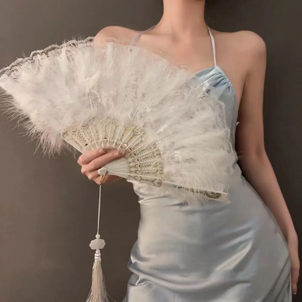 

Chinese Ancient Style Foldable Cheongsam Hand Fan Double Sided with Plastic Fan Bone Fur Women's Fashion Show Fan Black White