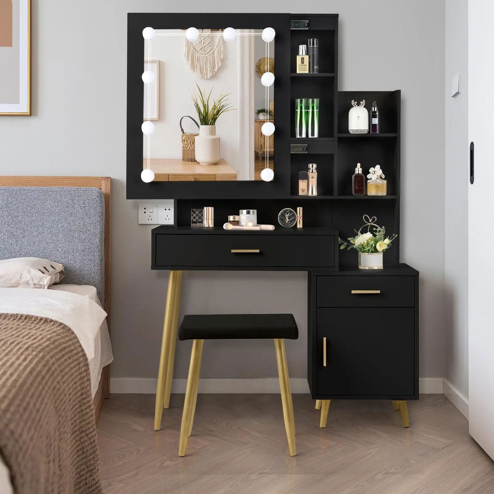 Black Dressing Table Set with Mirror Cabinet, 2 Drawers, 1 Door, 2 Shelves & 3 Light Bulbs - Triamine Veneer Design