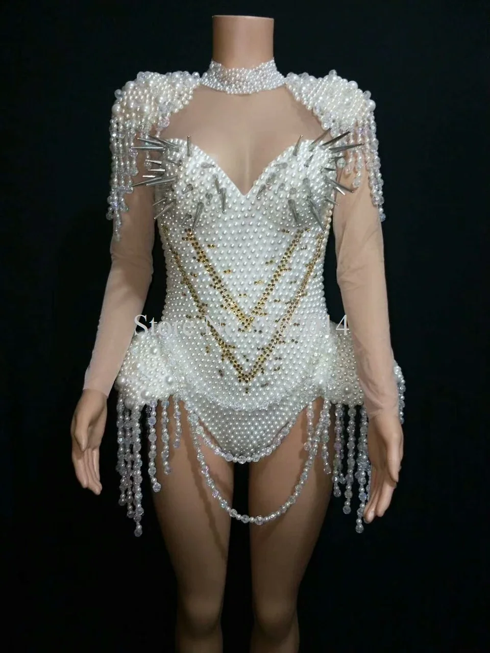 

Luxurious Pearls Beading Bodysuit Jazz Dance Tassel Outfit Stage Performance Costume Prom Birthday Dress Women Singer Dance Wear