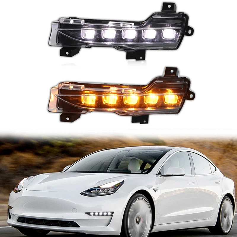 DRL 12V LED Daytime Running Light Front Fog Light Flowing Turn Signal Assembly For Tesla Model 3 2019-2021