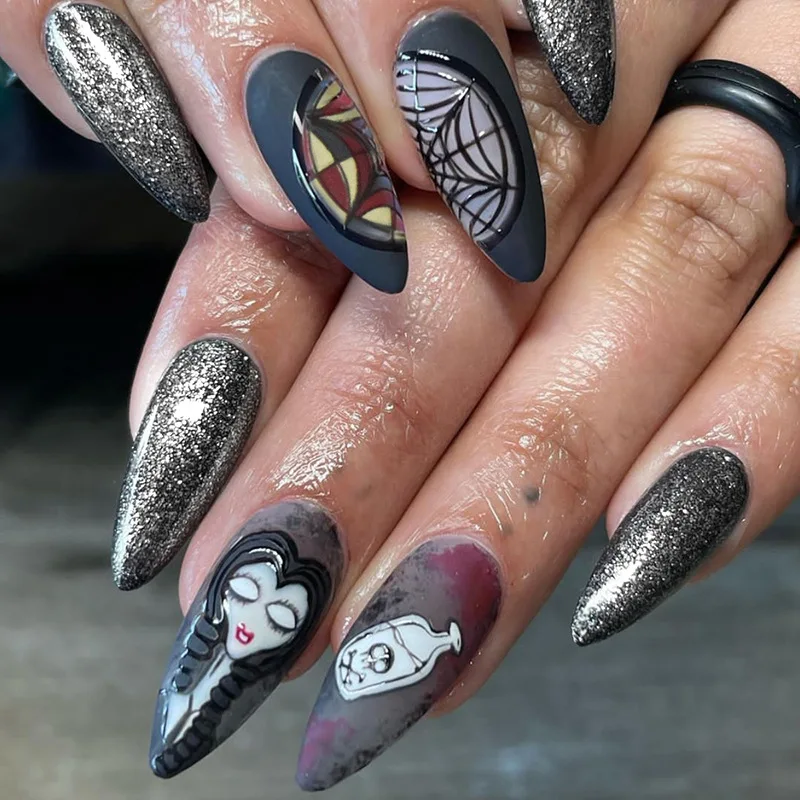 

24pcs Halloween Press-On Nails - Matte Black Webs & Glitter Face Long Almond Gothic Party Style Coverage Nail Art Kit