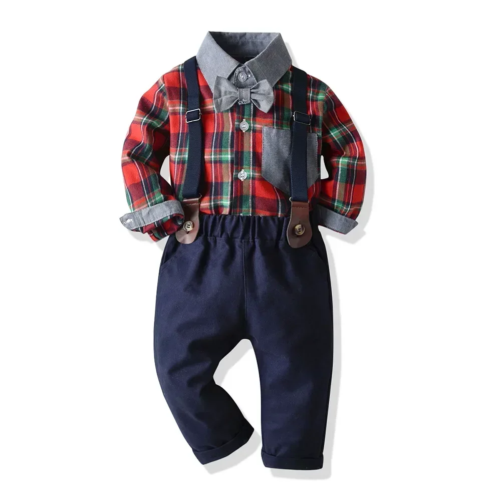 Boy Spring and Summer Cotton Christmas Two Pieces Suit 2-12Y Children Boy\'s Shirts & Strap Pants Overall  Baby Boys\' Clothing