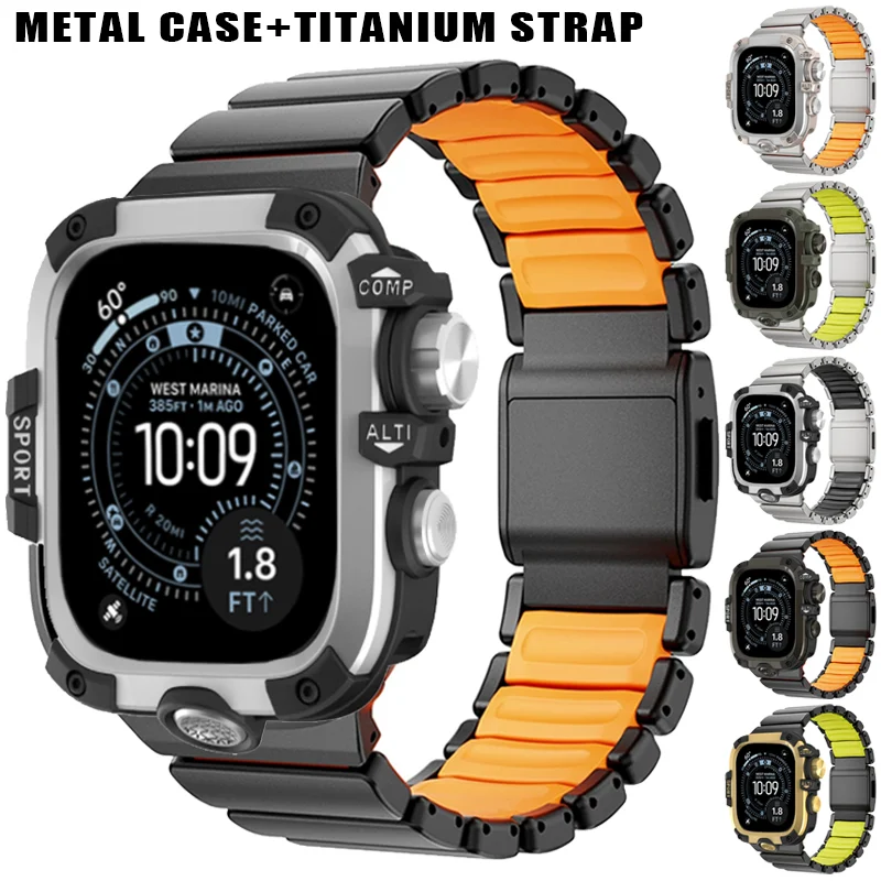 

Корпус из нержавеющей стали + титановый ремешок для Apple Watch Ultra 3 2 1 49 мм, роскошный резиновый ремешок для iwatch Series 11 10 9 46 мм 45 мм 44 мм