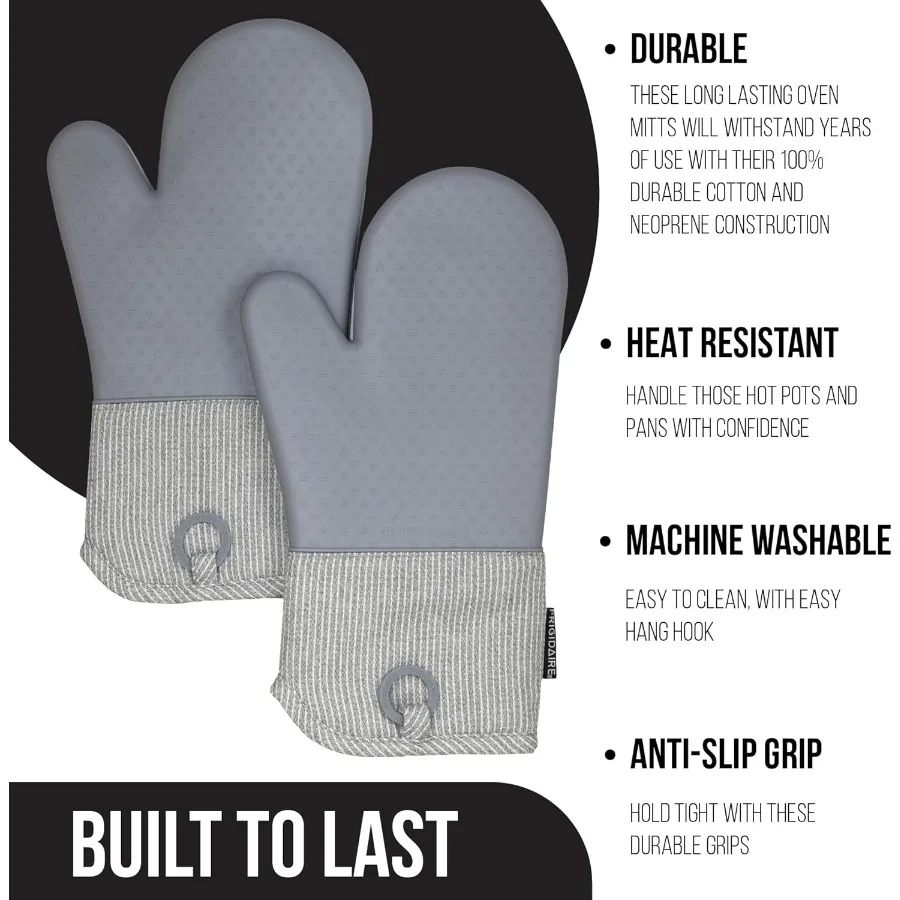 레이야 코튼 및 실리콘 오븐 미트, 주방용 열 저항, 미끄럼 방지 그립 보호, 기계 세탁 가능 디자인, 13x7 이상적