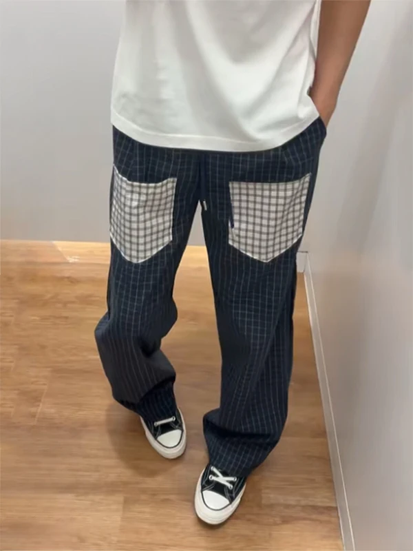 Light Blue Straight Leg Ice Silk Casual Pants Men's Summer Thin American High Street Vibe Wide Leg Pocket Plaid Trousers