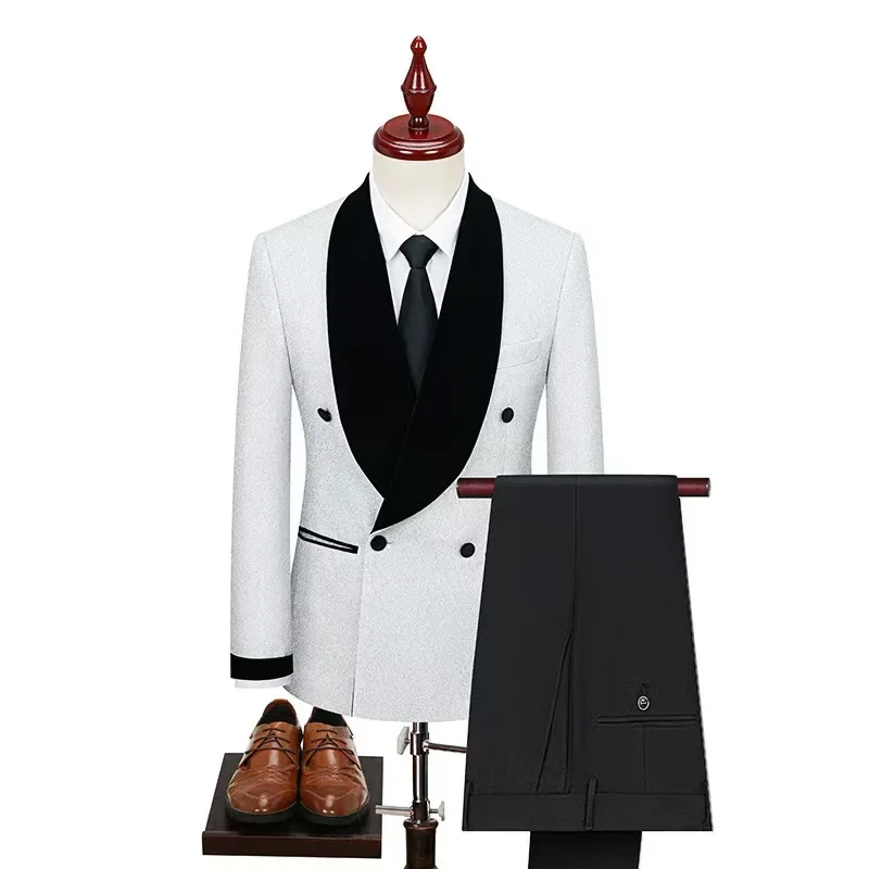 

Men's Shiny Yarn Shawl Lapel Double Breasted Blazer Jacket Two-Piece Set for Weddings Groom Banquet Formal Wear