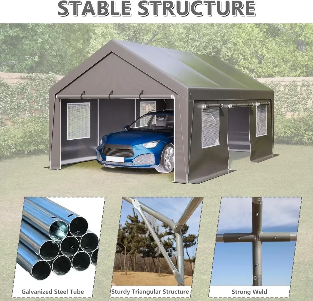 Carport portable extérieur avec paroi latérale enroulable, fenêtres ventilées avec parois latérales parfaites, 13 pi x 20 pi