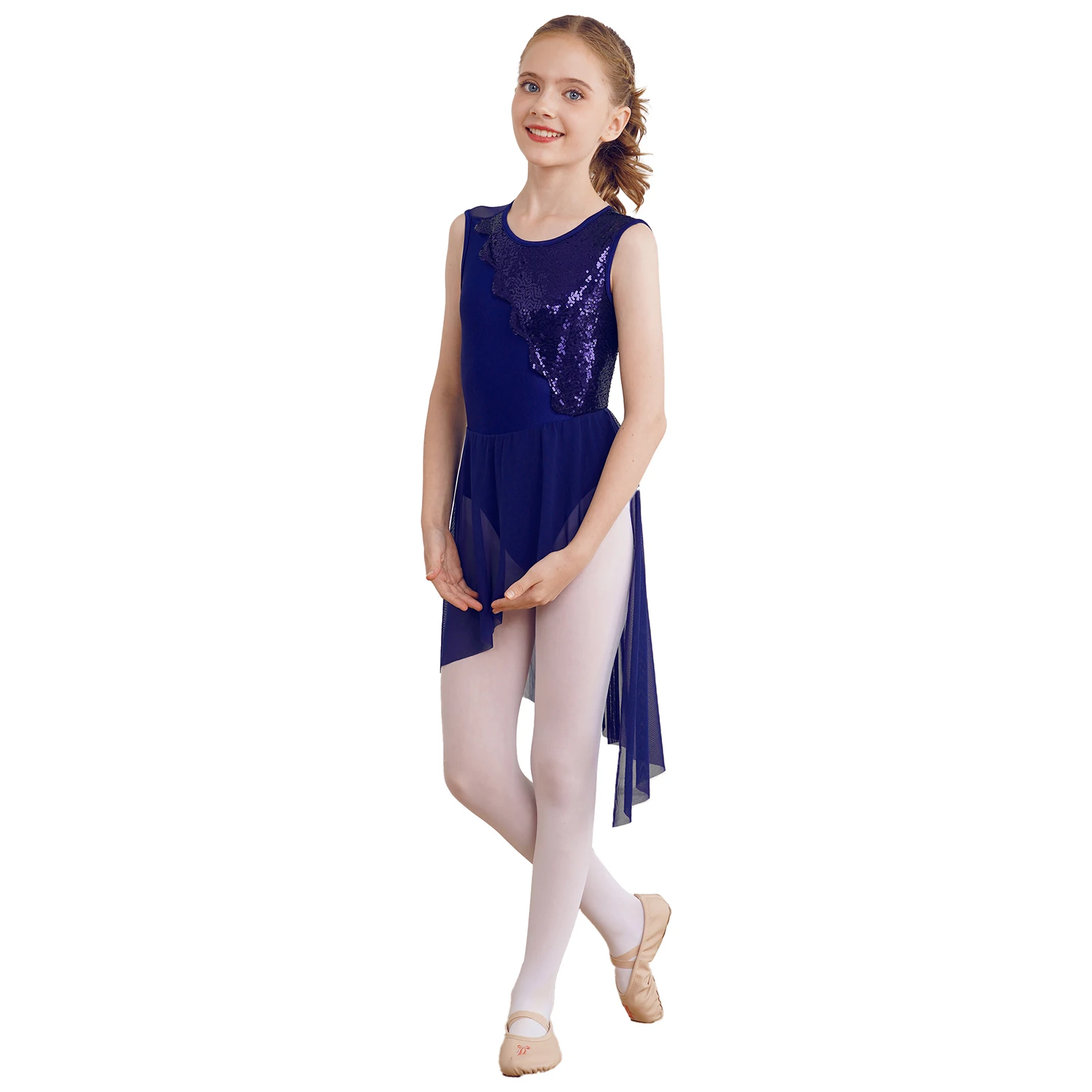 Kinderen Meisjes Glanzende Pailletten Kunstschaatsen Ballet Jersey Jurk Onregelmatige Zoom Holle Rug Gymnastiek Moderne Contemporar Dans Jurk