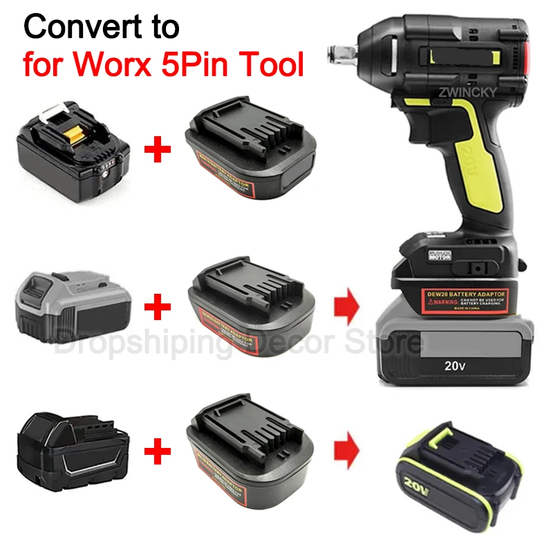 Adapter/Konwerter Baterii do Makita/Dewalt/Milwaukee 18V 20V Litowo-jonowych, Konwertuje na Narzędzia Elektryczne Worx 5PIN 20V