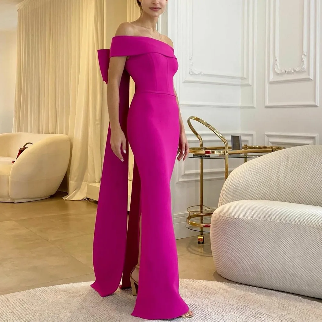 

Customized Long Fuchsia Crepe Evening Dresses With Slit/Bow Mermaid Boat Neck فساتين السهرة Floor Length Prom Dress for Women