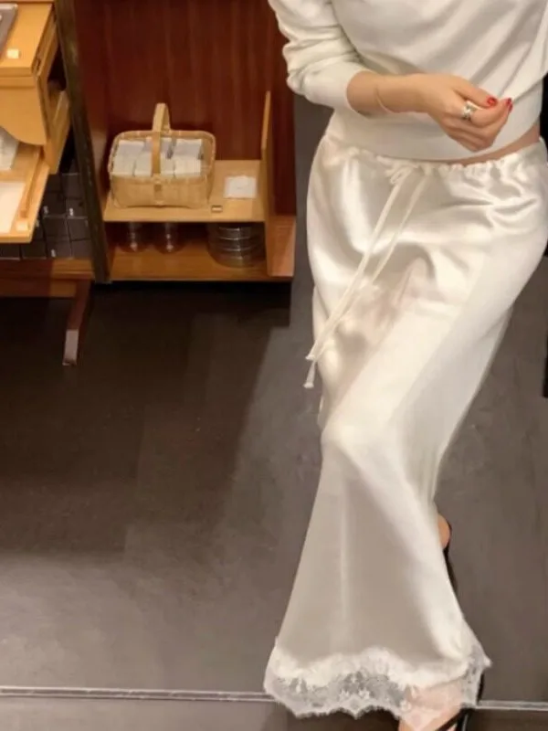 Korean Style Summer New Pure Color Lace Splicing Elastic Waist Long Skirt Women's Fashionable Silk Surface Half Body Skirt