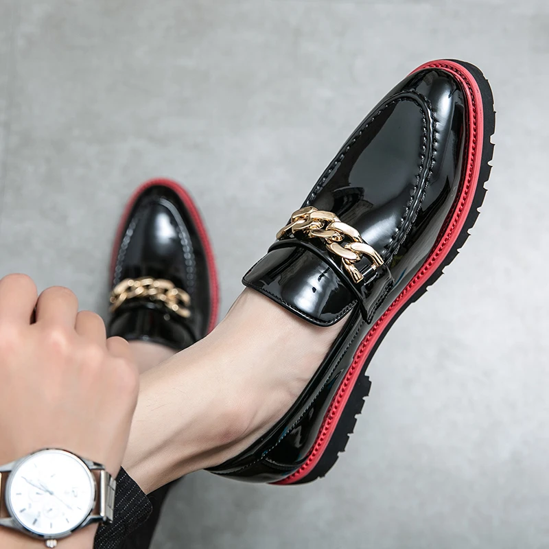 Fashion Lefu Shoes Men Shoes Round Toe Lacquer Leather Fashion Metal Buckle Casual Business Dress Shoes Black Red Size 38-48