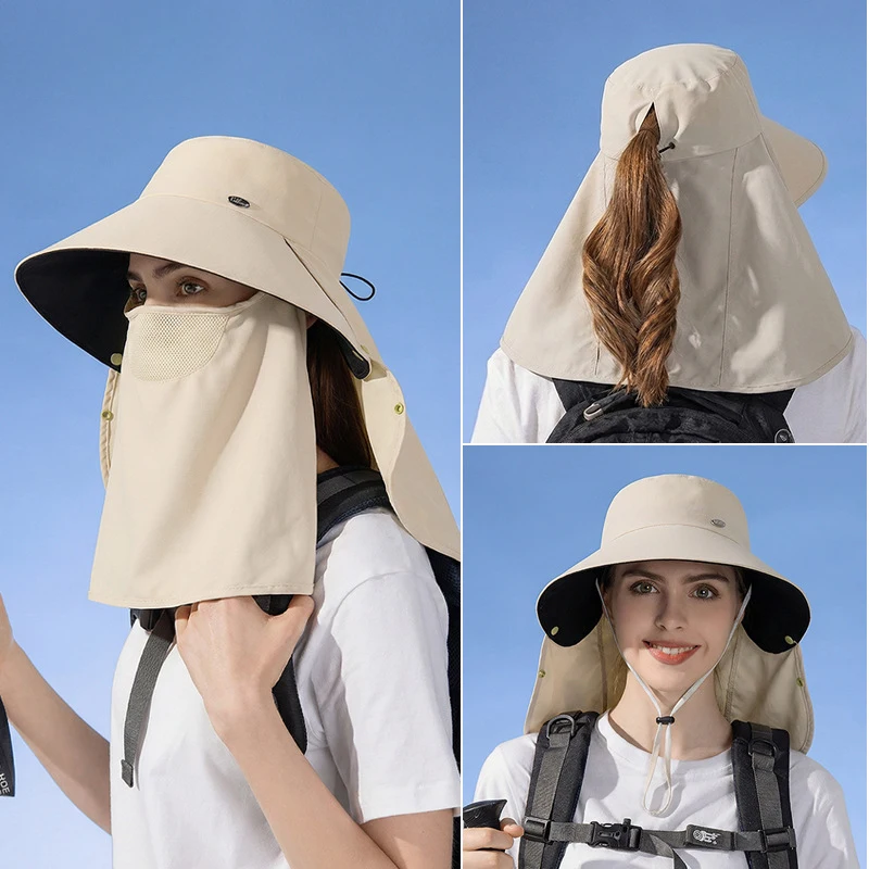 Spring Summer Outdoor Cycling Removable Face Mask Women Sun Hat Large Brim Cape Neck Protection Bucket Hat