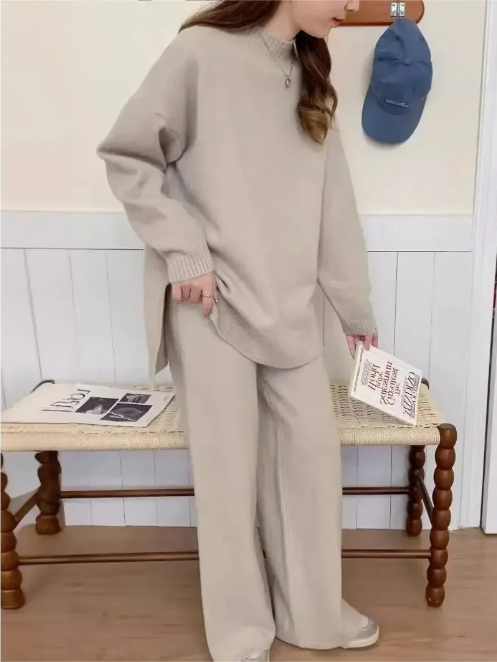 Two Piece Sets Muslim Knitting Outfits Women Split Sweater Pullover Knitted Wide Leg Pants Suit Knitwear Ensemble Casual