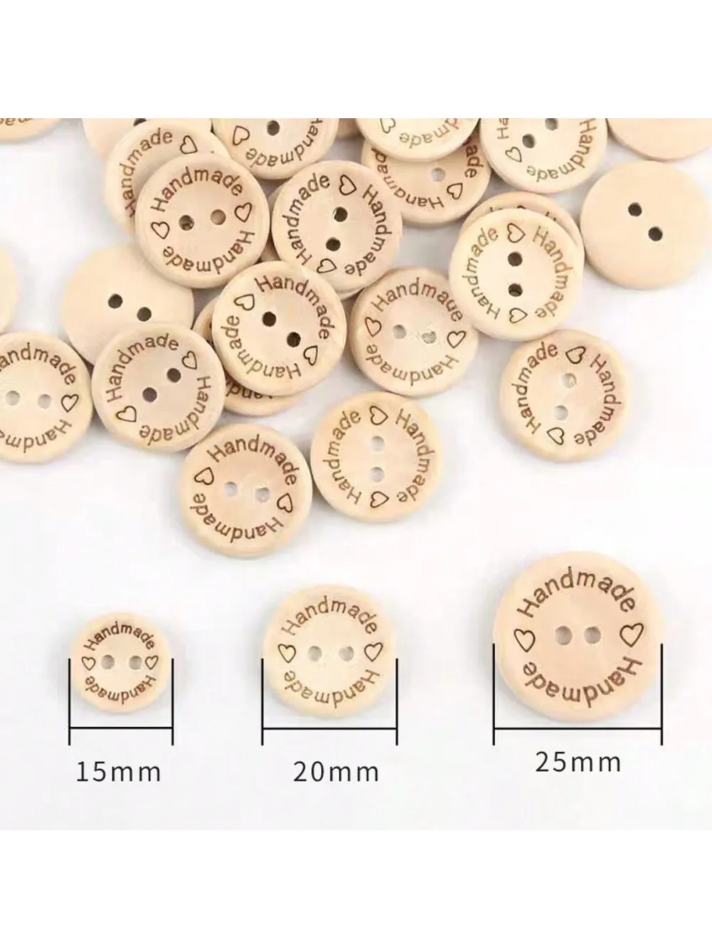 

100Pcs/Bag Heart-shaped Wooden Round Double Eye Button "Handmade" Baby Sweater Wooden Cute Clothing Sewing Button 15/20/25mm