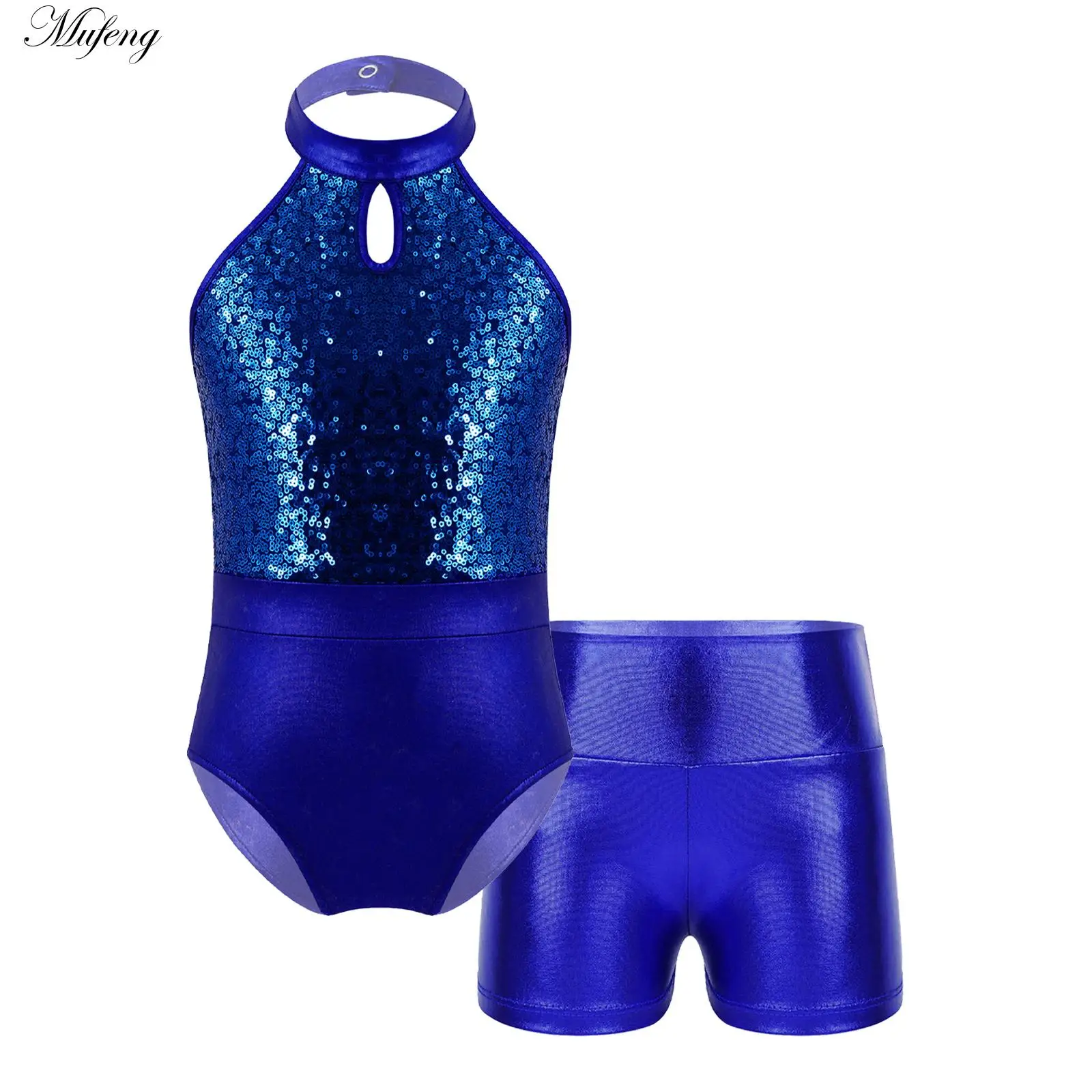 

Girls Dance Leotard Sequin Ballet Gymnastics Costume with Metallic High Waist Shorts for Performance Competition Train Dancewear