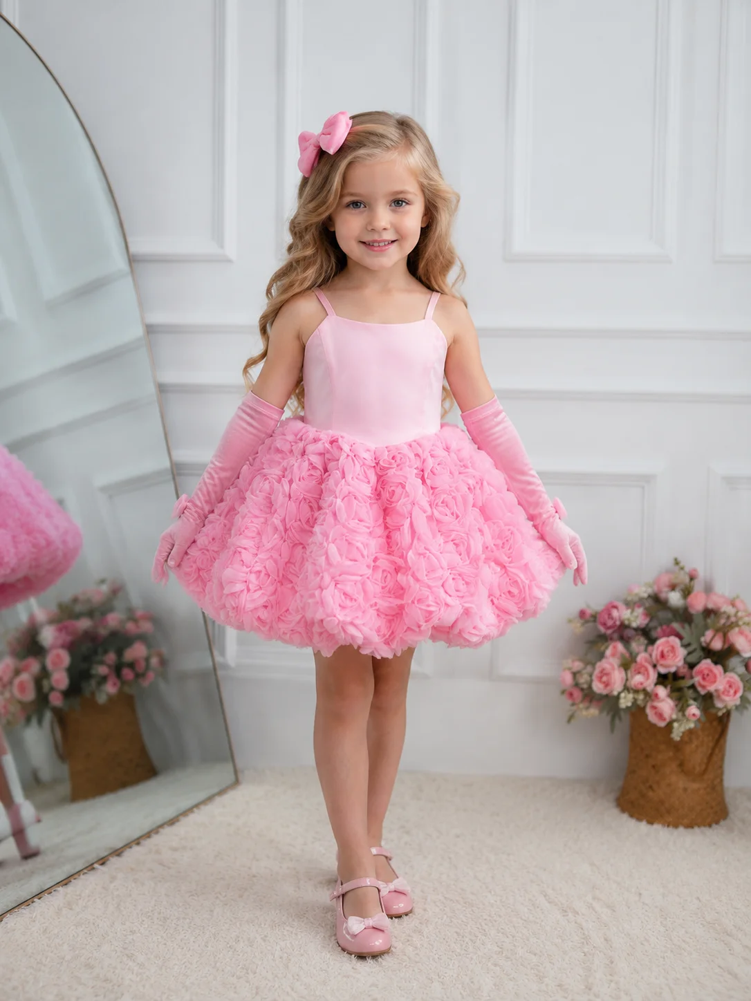 3D Rose Flower Girl Dress Spaghetti Strap Kids Princess Tutu Dress With Long Gloves Wedding Birthday Pageant Party Children Form