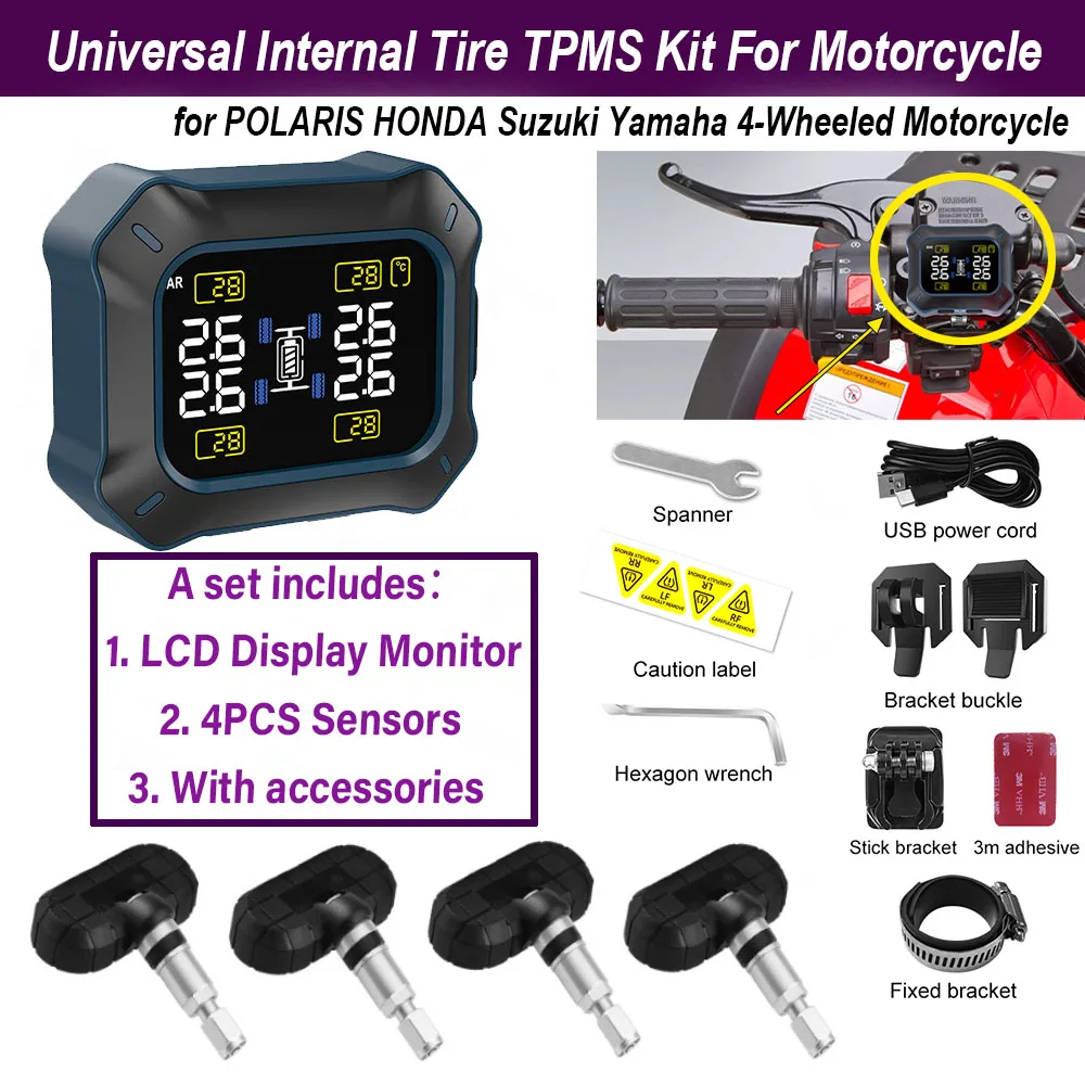 

Универсальный комплект TPMS с внутренней шиной для ATV для ЖК-монитора мотоцикла, 4 датчика, шнур питания USB... Для POLARIS HONDA Suzuki