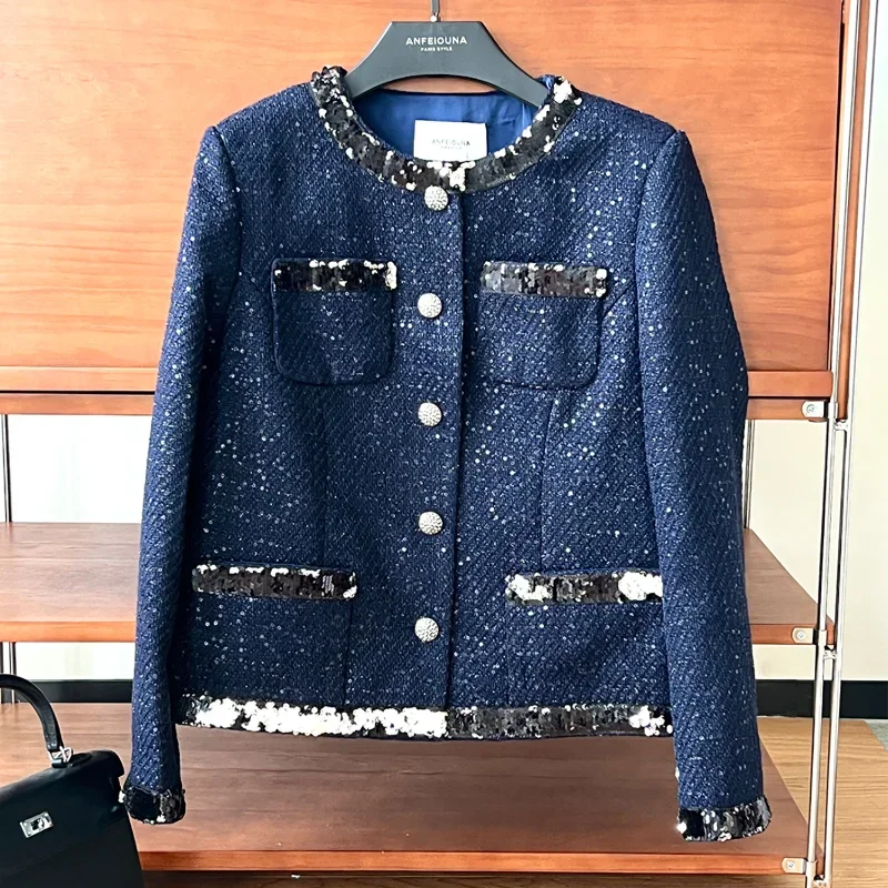 

Luxury French Small Fragrance Shiny Jacket Round Neck Sequins High Quality Navy Blue Tweed Sequins Lace Women Coat Autumn Winter