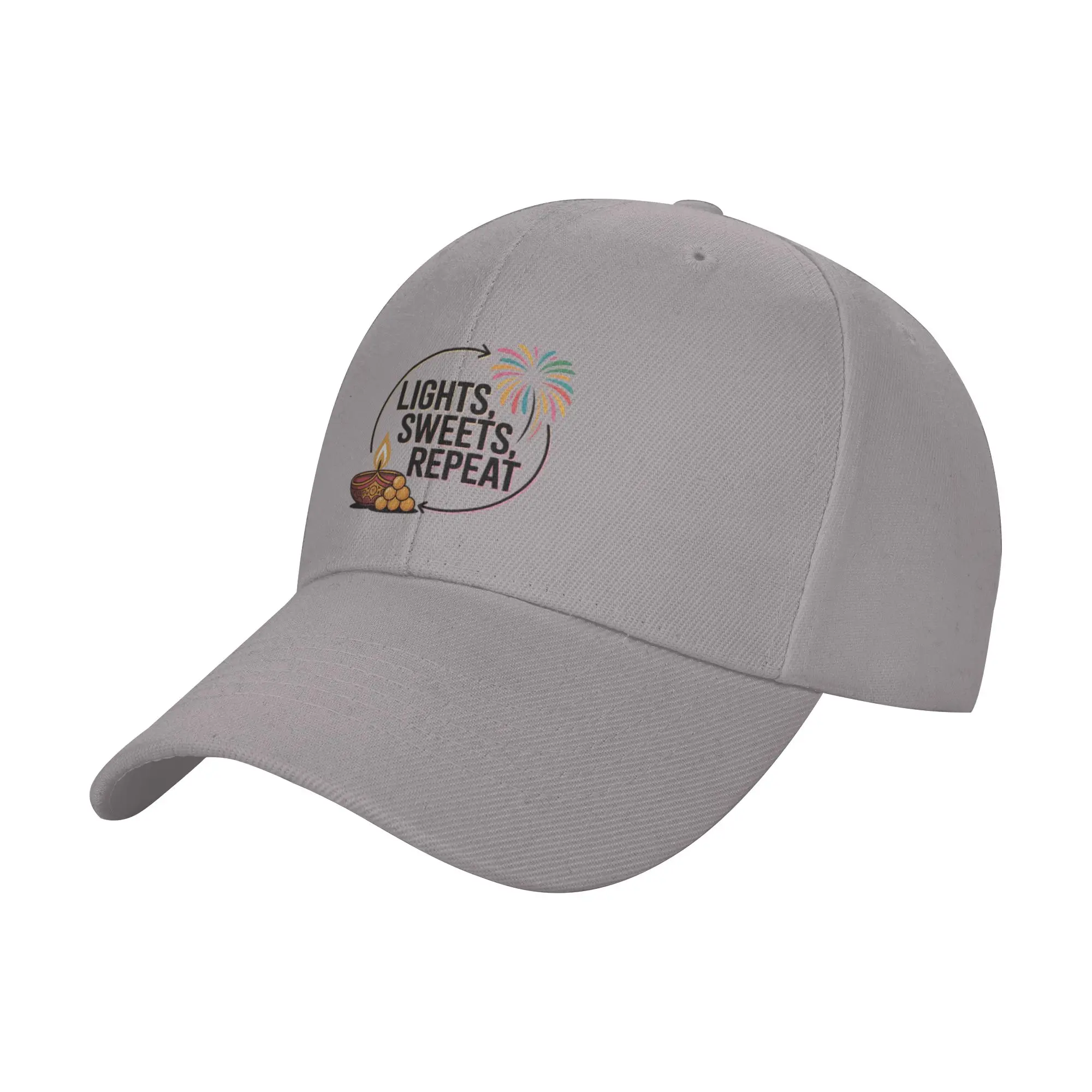 Hot Sale Lights Sweets Repeat   Fun Diwali Festival Design Baseball Cap  Breathable Fabric Men's Cap  Camping Picnic Men's Cap