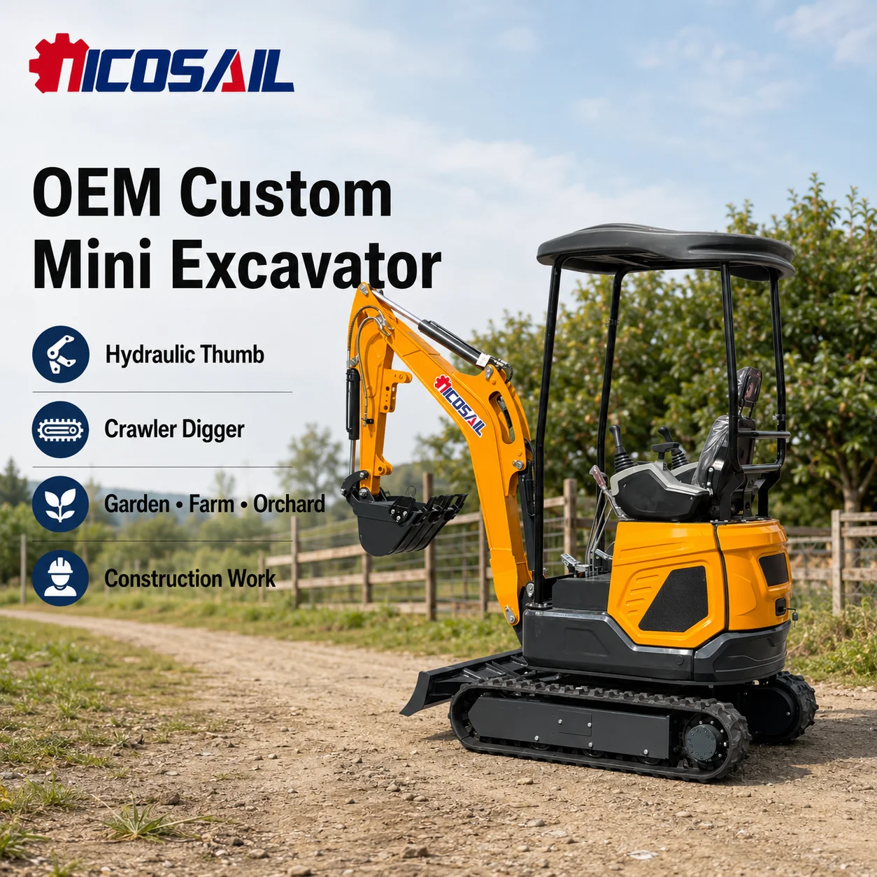 OEM Custom Mini Excavator OKW18L 3 Cylinder Hydraulic Crawler Digger for Farm, Garden and Construction Work