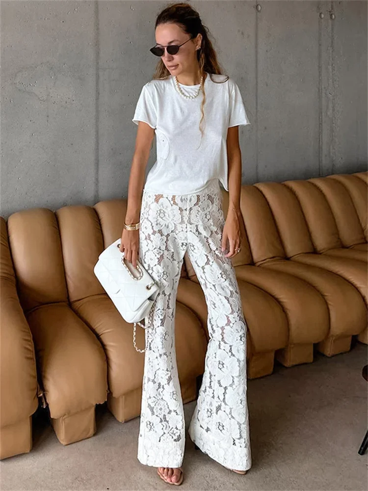 

2024 White Printed High Waist Straight Legg Women Patchwork Hollow Out Fashion See-Through Lace Women's Pants Summer Clothes