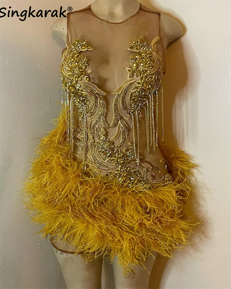 Glitter Gold Diamond Short Prom Dress Sheer Neck Beads Crystal Rhinestones Feather Birthday Party Cocktail Senior Homecoming