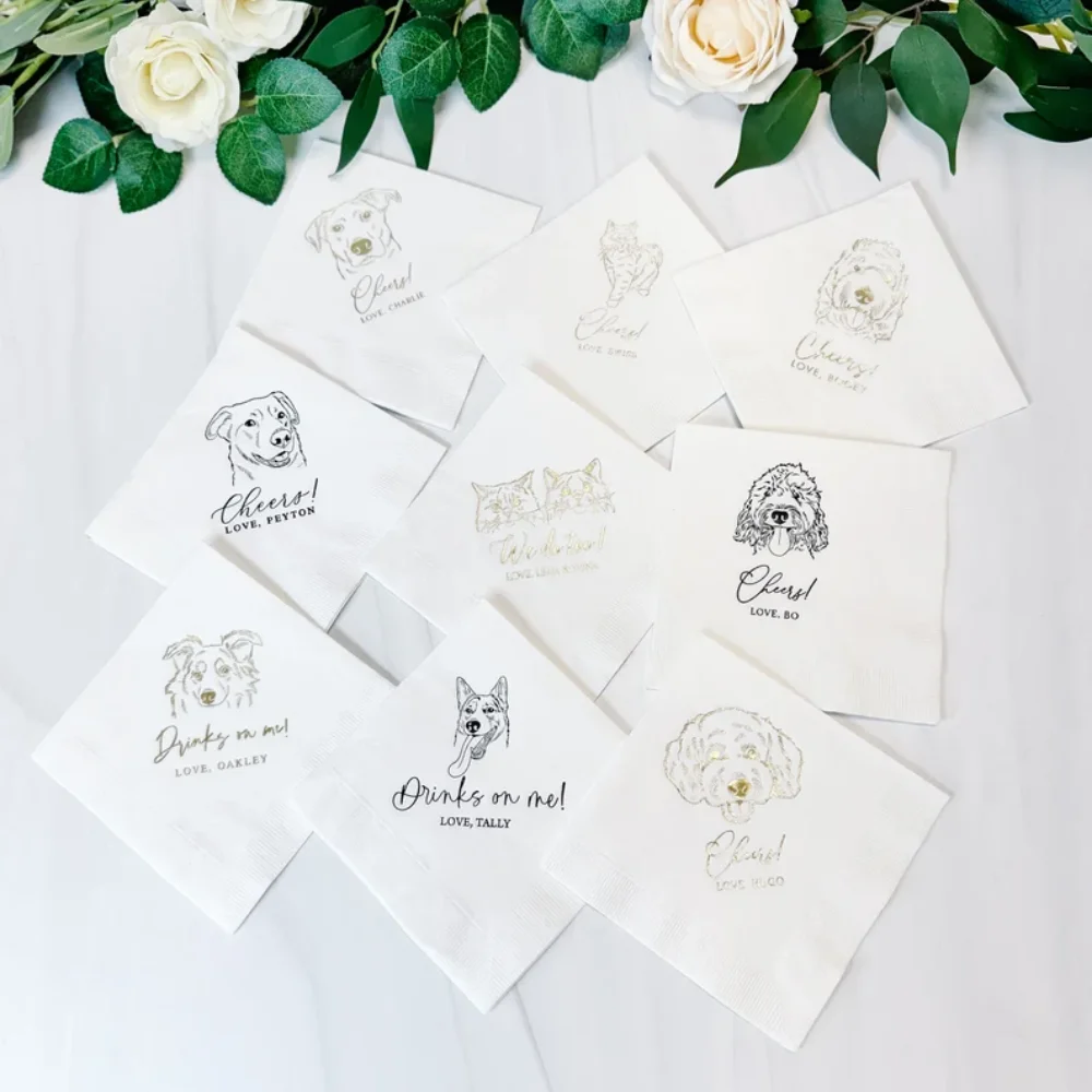 

50Pcs Personalized Illustrated Dog Wedding Cocktail Napkins, Custom Engagement Party Bride Shower Pet Napkins, Birthday Beverage