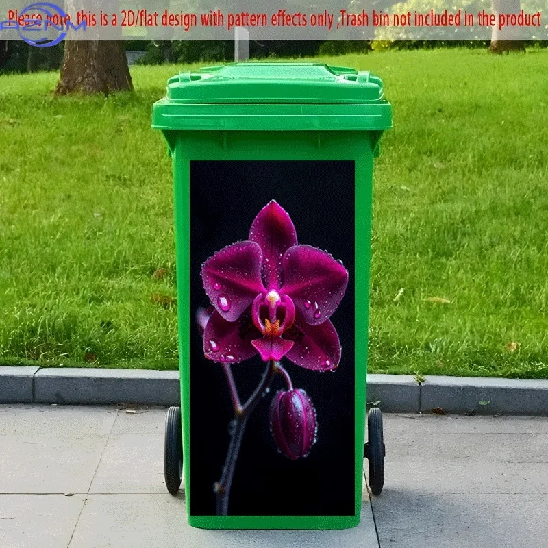 PC 2D Flat Self-Adhesive Trash Can Sticker, Purple Orchid with Dew Beauty Decorative Sticker, Creative Trash Can Decoration, S