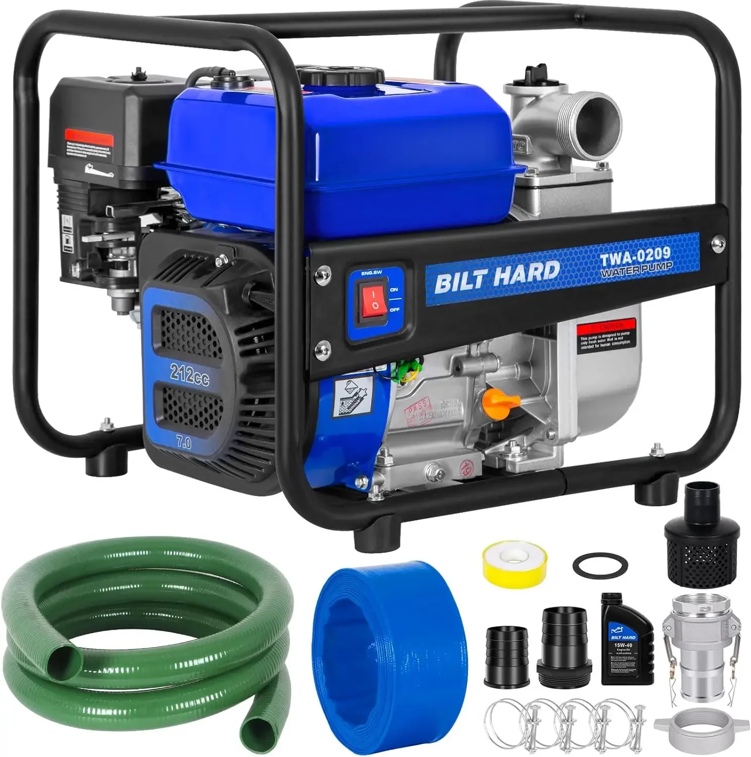 

2 inch, 158 GPM 7HP Gas Powered Water Pump, 212cc 4-Cycle Engine with 50 ft Discharge Hose, 12 Suction Hose