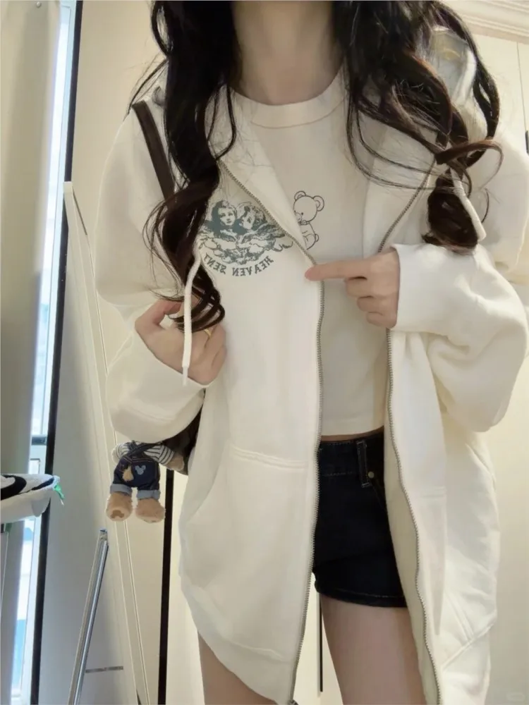 White Vintage Zip-up Hoodies Women Autumn Long Sleeve Pocket Loose Terry Sweatshirts Simple Casual Fashion Sport Jacket New Y2K