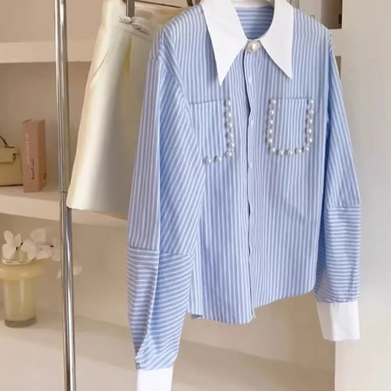 Simplicity Elegant Patchwork Long Sleeve Blouse Temperament Spring New Striped Shirts All-match Diamonds Turn-down Collar Tops