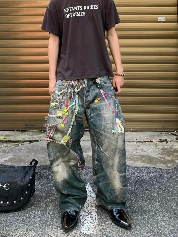 

Retro Candy Chain Waed 3D Printed American AC Sle Loose Wide Leg Jeans Men Women Straight Cut Casual Wear All Seasons