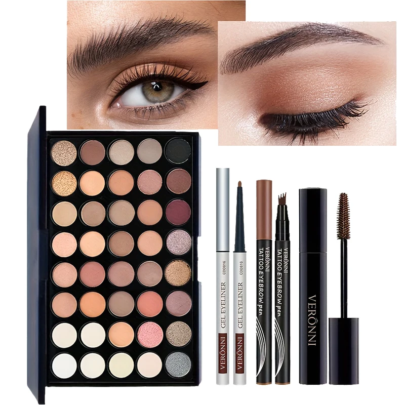 40 Colors Eyeshadow Palette with Mascara/Eyebrow Pencil/Eyeliner Pigments Earth Color Waterproof Long Lasting Cosmetics Makeup