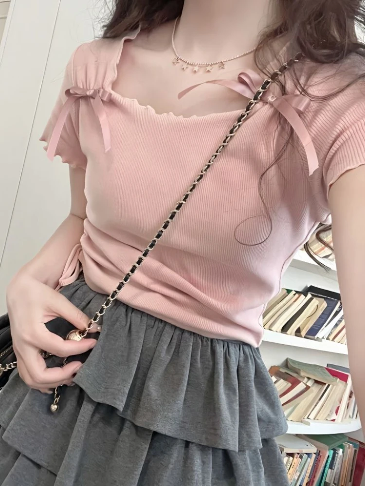 Japanese Kawaii Party Two Piece Set Women Korea Fashion Cake Skirt Suit Female Pink Sweet Tops＋Casual Mini Skirt Summer 2023 New