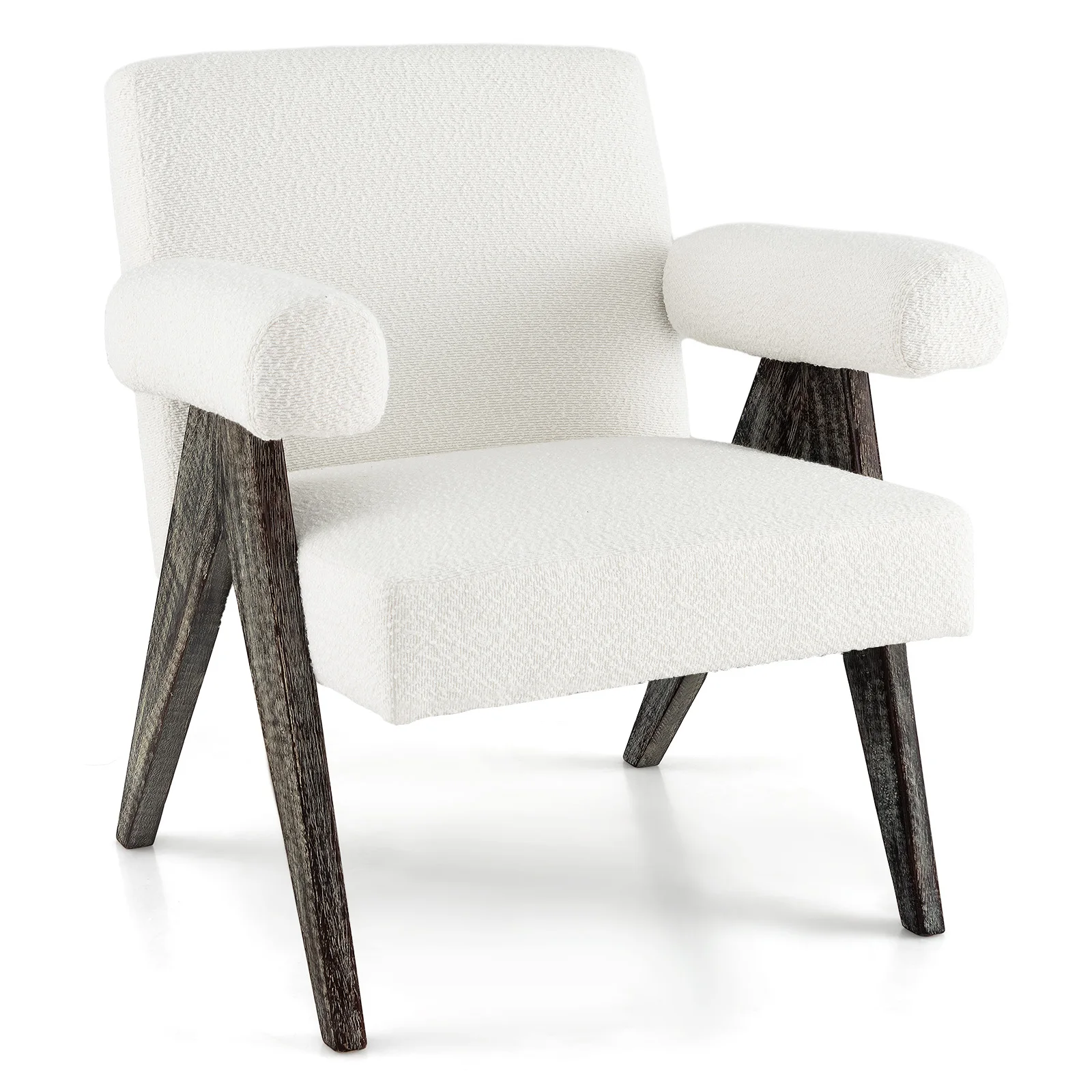 Upholstered Armchair Modern Sherpa Accent Chair w/ Natural Rubber Wood Legs