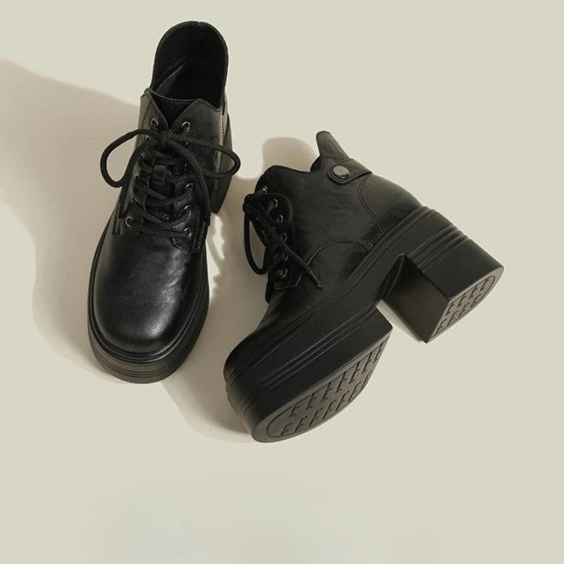 Women New Brown Thick Sole Platform Short Boots 9cm Height Increase British Style Small Size Booties Trendy Casual Shoes