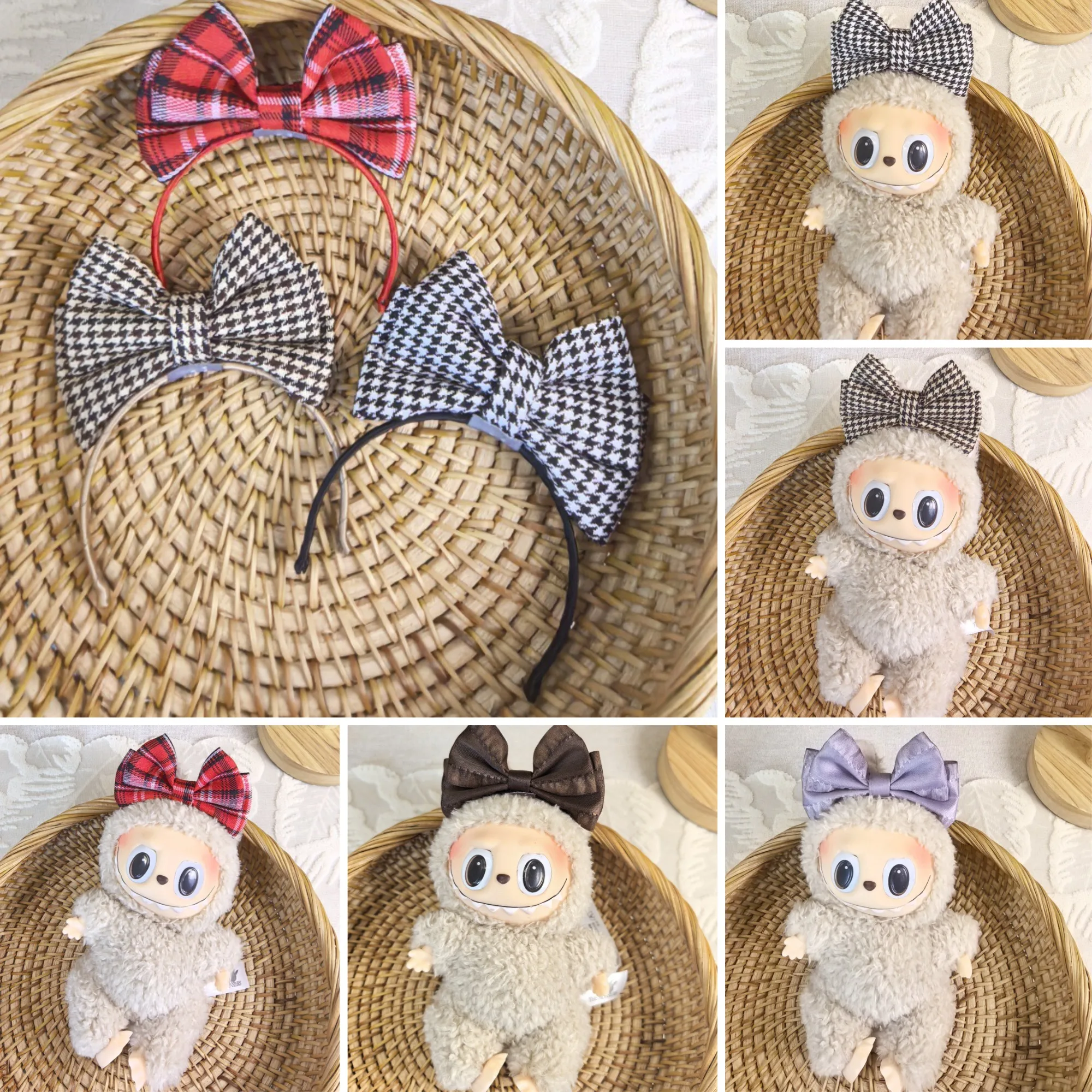 

Clothes Headbands For Labubu Vintage - Cute Houndstooth Classic Plaid Bow Headbands For 15/17cm Labubu 1st/2nd/3rd Gen
