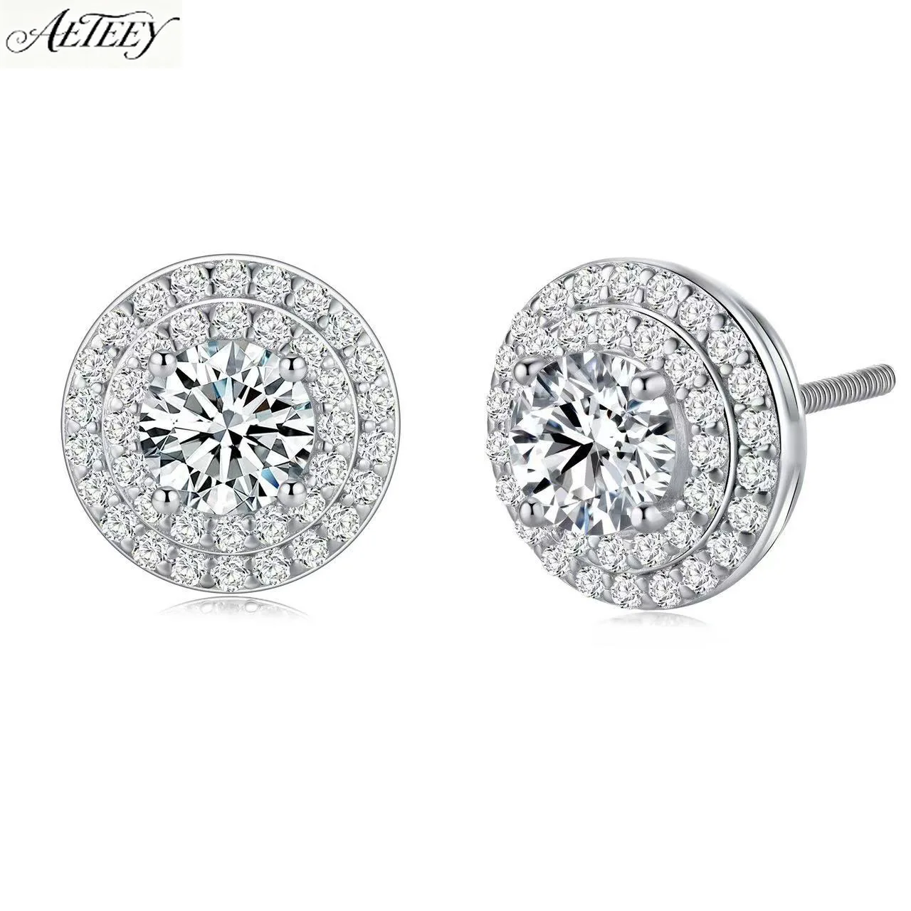 AETEEY S925 Sterling Silver Round Bezel Moissanite Stud Earrings Light Luxury Elegant Women Daily Jewelry