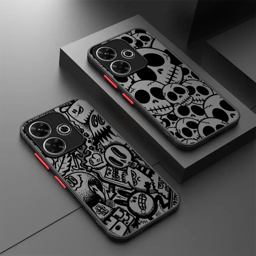 Funda de teléfono con borde negro para Redmi 14C A4 9 A1 A2 Plus K40 Pro 13C 10 12C Graffiti esqueleto arte fresco