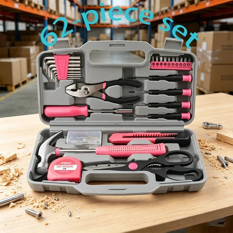 62PCS Multifunctional Household Hardware Tool Kit Hand Repair Set With Hammer Tape Measure For Daily Home Maintenance Work