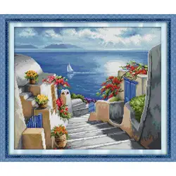 Niebieski Santorini DIY drukowany zestaw do haftu krzyżykowego Aida 14CT 11CT biała z nadrukiem tkanina igła nić zestaw ręcznie haftowane Home Decor