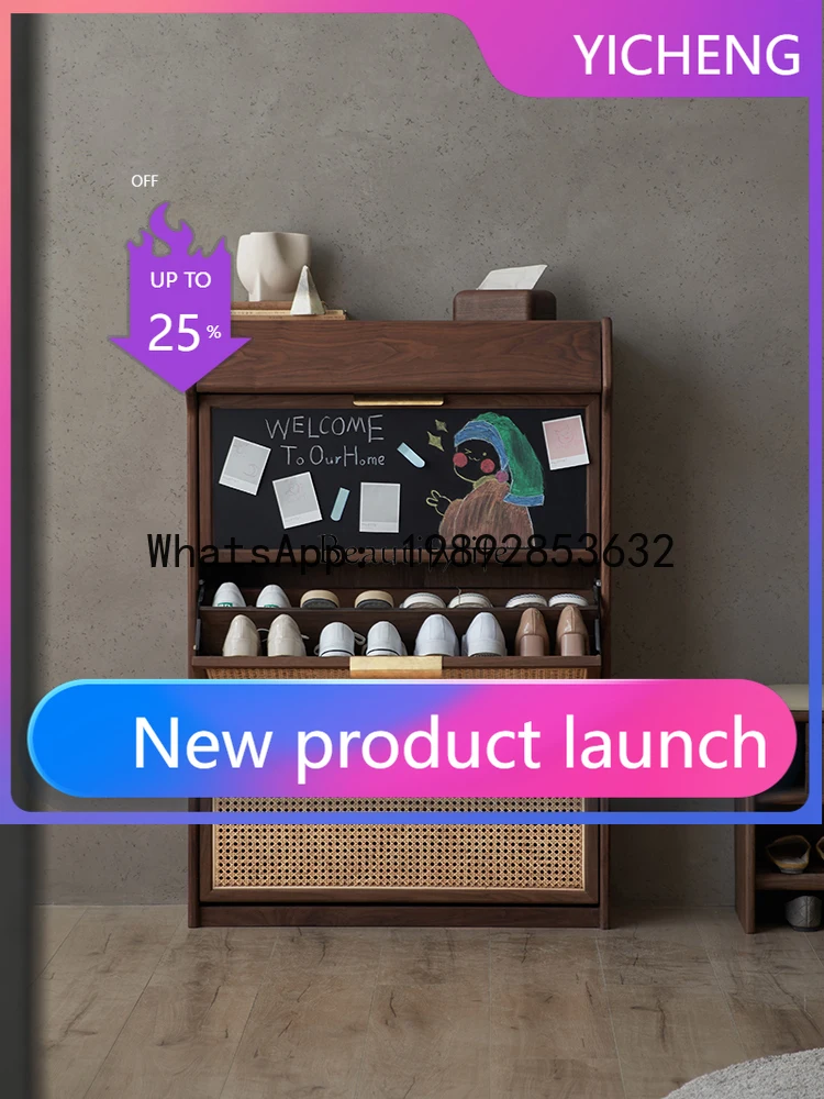 

QQ 1*Solid wood shoe cabinet household small apartment ultra-thin black walnut rattan cabinet